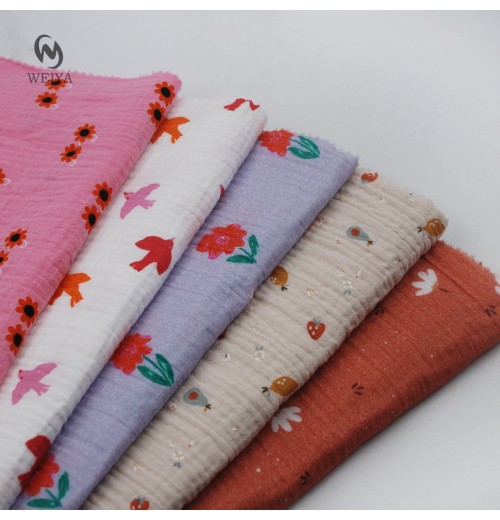 Cute Kids Wear Dress 120gsm Custom Double Gauze Crinkle 2 Layer 100 cotton Printed Muslin fabric For Baby Blanket Cute Kids Wear Dress 120gsm Custom Double Gauze Crinkle 2 Layer 100 cotton Printed Muslin fabric For Baby Blanket